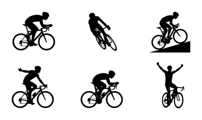 Naklejka premium Cycling Silhouettes, Bicycle Rider Poses, Sports Action Vector Icons Set