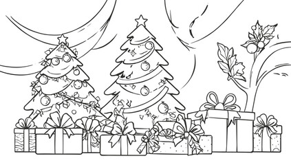 Fototapeta premium A festive Christmas scene featuring two beautifully decorated trees surrounded by numerous wrapped gifts, with a hint of winter foliage in the background.