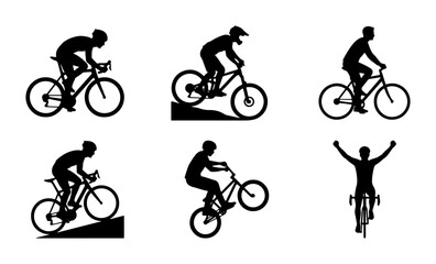 Fototapeta premium Cycling Silhouettes: Diverse Bicycle Sports Actions, Mountain Biking, Road Racing, BMX Tricks, Vector Set
