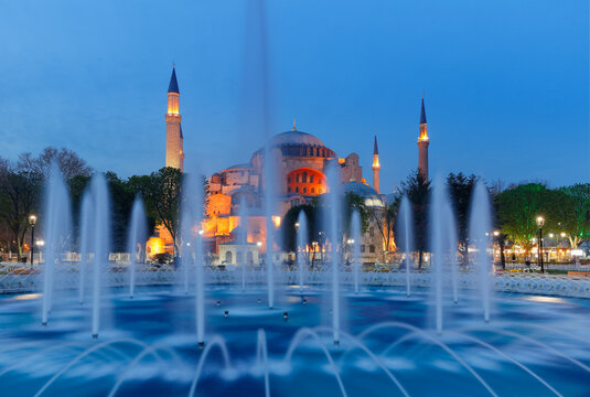 Turkey, Istanbul, Fountain in the Park, Hagia Sofia Mosque in the background