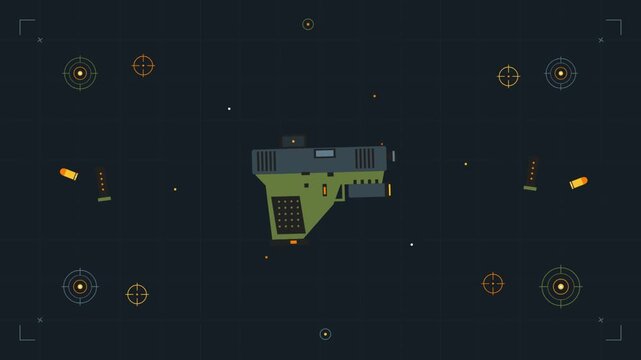Minimalist Animated Handgun Display with Floating Targets and Ammunition