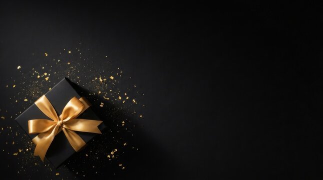 Top view flat lay of black gift box with gold ribbon and confetti on dark background