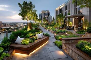 Fototapeta premium Tranquil Rooftop Garden at Dusk with City Views