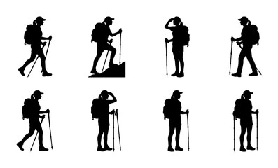 Fototapeta premium Hiking Silhouette Collection, Trekking Woman Poses, Outdoor Adventure Vector Set, Mountain Climbing Icons