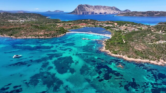High angle drone panorama of Lu Impostu and Cala Brandinchi beach lagoon with turquoise sea water, luxury yachts and Tavolara mountain island on the background in Sardinia, Italy
