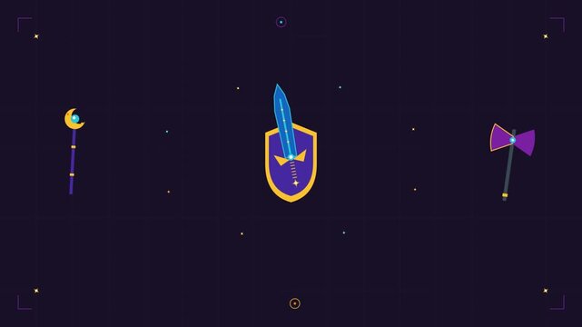 Minimalist Animated Fantasy Weapons Icons Floating in Space