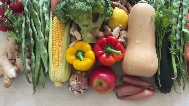 Fresh raw vegetables and fruits.