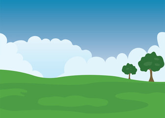 Fototapeta premium Peaceful Green Landscape with Rolling Hills, Trees and Clear Blue Sky Background