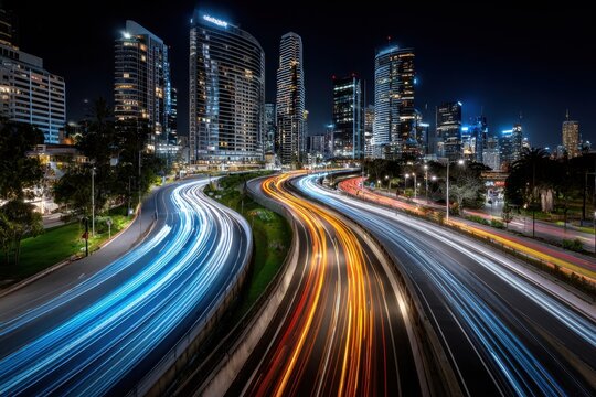 City highway with light trails at night
