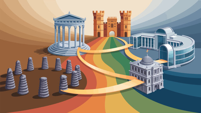 Architectural Evolution: A conceptual illustration showcasing the progression of architectural styles from ancient ruins to modern designs, symbolizing the passage of time and development.