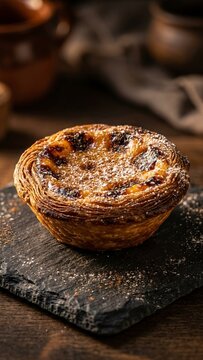 Portuguese custard tart pastry displayed on slate board in warm rustic kitchen with soft lighting