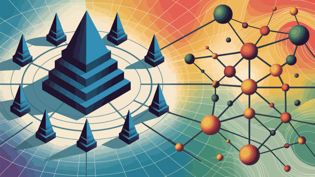 Pyramid Structure and Network Concept: A stylized illustration depicting a central pyramid surrounded by smaller cones, connected by a web-like molecular structure.