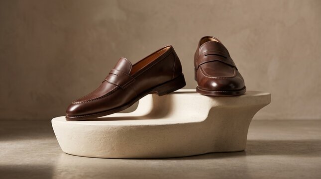 A premium studio commercial product photograph of classic men's dark brown leather penny loafers displayed on an organic, beige sculpted concrete pedestal. Smooth warm studio lighting casting soft dir