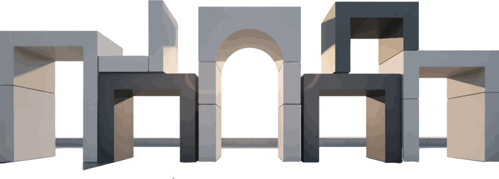 Geometric Abstraction of Arches: A minimalist composition of concrete-like structures, featuring a central archway flanked by cubic forms, creates a modern architectural abstract.