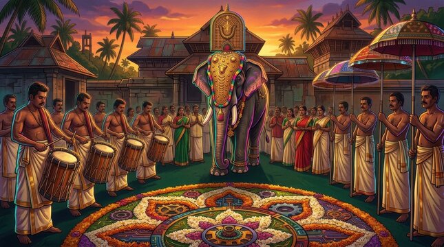 Festive procession with decorated elephant and traditional drummers during harvest celebration