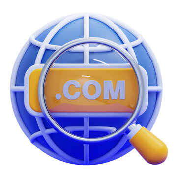 3D globe icon with a magnifying glass searching for a dot com domain name and internet address