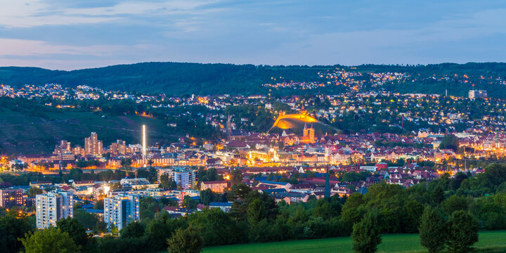 Germany, Baden-Wuerttemberg, Esslingen, View to city centre with castle in the evening