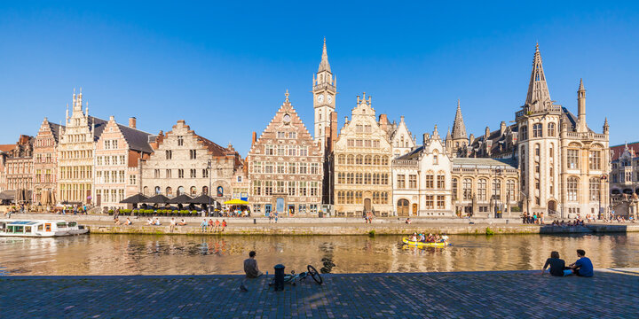 Belgium, Ghent, old town, Graslei, historical houses at River Leie