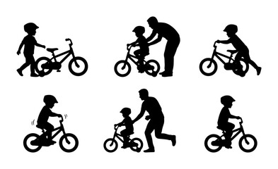 Naklejka premium Children Learning to Ride Bikes, Father Teaching Kids Cycling Silhouettes, Outdoor Activity Vector Set