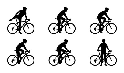 Naklejka premium Cycling Silhouettes: Diverse Rider Poses, Bicycle Actions, Sport Vector Set