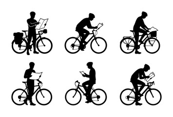 Naklejka premium Bicycle Tour Silhouettes, Cyclist Navigation Icons, Cycling Adventure Poses, Vector Set
