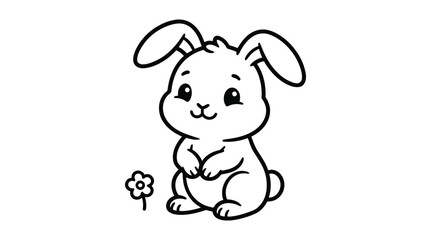 Fototapeta premium A cute little bunny rabbit sitting next to a small flower in this simple black and white coloring page