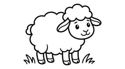 Obraz premium A cute little fluffy sheep standing in the grass for a fun and creative printable kids coloring page activity