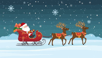 Fototapeta premium Santa Claus riding in his sleigh pulled by two reindeer through a snowy landscape during Christmas.