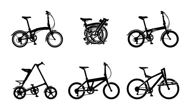 Folding Bicycle Icons, Compact Urban Transport, Versatile Commuter Bikes, Set of 6 Vector Graphics