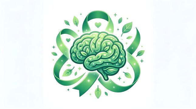 Brain icon with awareness ribbon symbolizing mental health and support