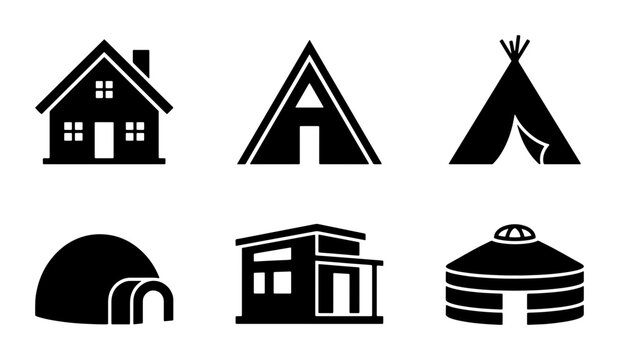 Diverse Shelter Icons: Home, Tent, Teepee, Igloo, Cabin, Yurt, Vector Set