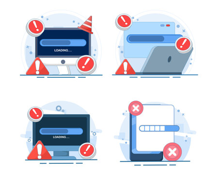 Software installation failure set illustrating update errors, stopped progress bars, unsuccessful processes, system malfunction, loading issues, technical warnings, and digital troubleshooting.