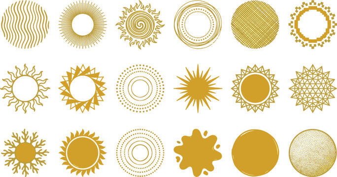 Gold tribal sunburst icon set with ethnic geometric circles summer sun shapes and textured hand drawn design elements