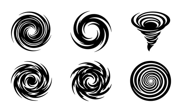 Set of 6 Black Swirl Icons, Cyclone and Vortex Vector Graphics, Abstract Spiral Shapes