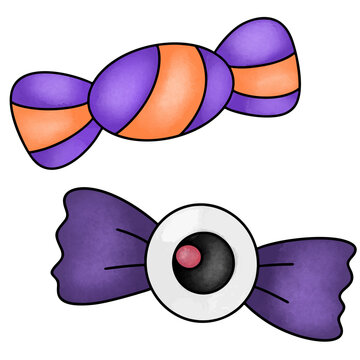 spooky halloween candy set with eyeball candy wrapper and purple stripe sweet vector graphic isolated on transparent background