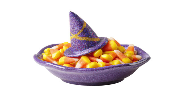 Sparkly witch hat on candy corn bowl
