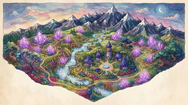 Magical Crystal Valley Fantasy Map Watercolor Art Illustration