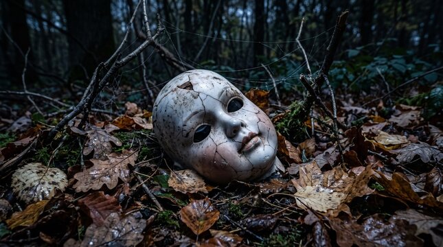 A cracked, vintage doll head lies in a bed of fallen leaves in a forest, its painted eyes looking straight ahead and a slight crack splitting its skull. Cobwebs and twigs frame the head. Deep, dark gr