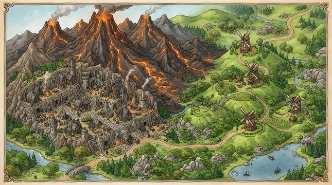 Volcanic Mountain and Rural Kingdom RPG Map Fantasy World Concept Art