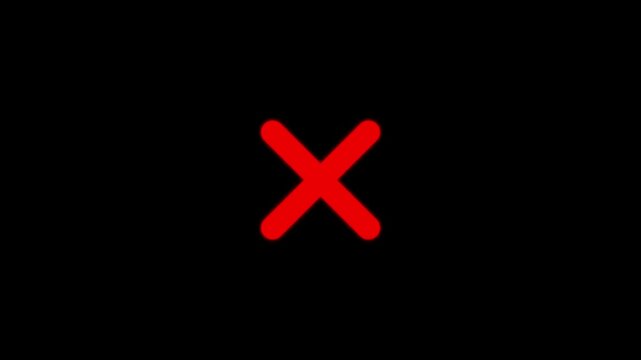 Red x mark symbol animation on black background, minimalist warning or error cross