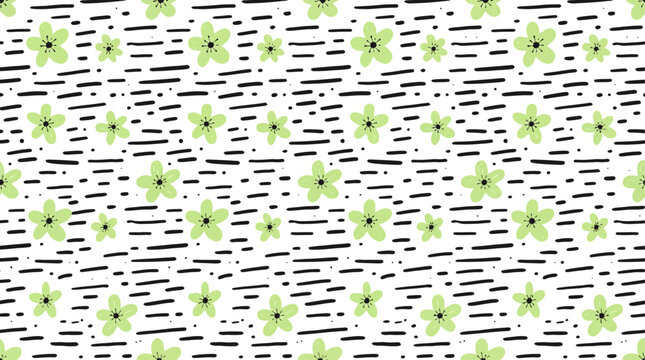 seamless pattern with abstract thick lines and cute green flower in doodle artwork