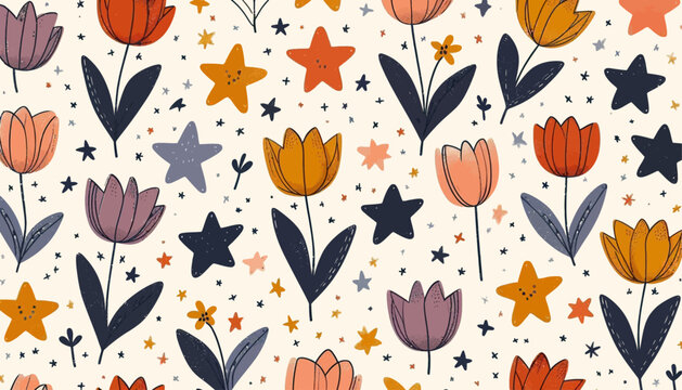 seamless vector background with tulips and stars in colorful crayon style artwork