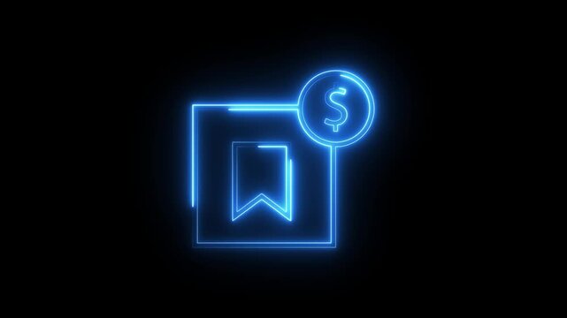 Neon blue bookmark with dollar symbol pulsing on black background for digital finance app.