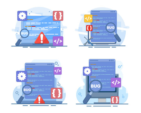 Bug tracking report set featuring magnifying glass, software errors, data inspection, website debugging, issue detection, error analysis, and digital quality control in modern flat vector style.