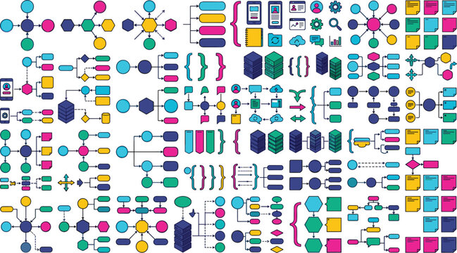 Colorful vector set of flowchart elements, mind map nodes, and diagram icons for business infographics