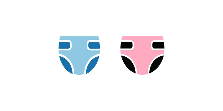 Infant diaper icon set with classic blue and pink colors represented as essential baby hygiene and nursery care supplies.
