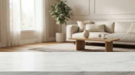 Fototapeta premium Elegant minimalist living room featuring a white sofa, wooden coffee table, and large potted plant, perfect for modern interior design inspiration, marketing visuals, and lifestyle branding.