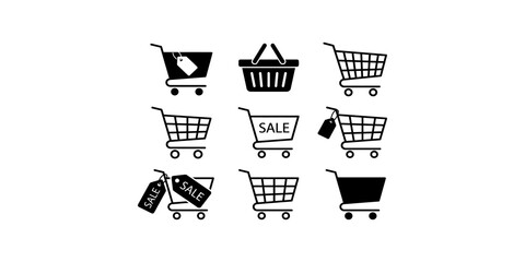 Shopping cart icons with sale tags and basket for retail and e-commerce promotions and purchases. © Jpeg shop opened