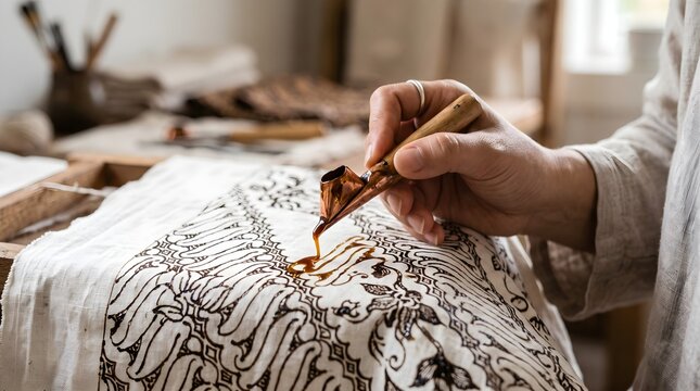 Applying hot wax on fabric with canting tool for batik making