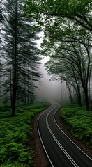 Fototapeta premium Curving road fog forest green trees misty nature outdoor tranquil morning landscape. Curving road winds through misty forest surrounded by lush